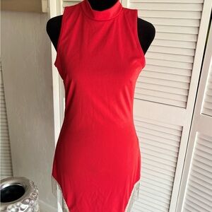 Red Sleeveless Dress with Silver Fringe Detail